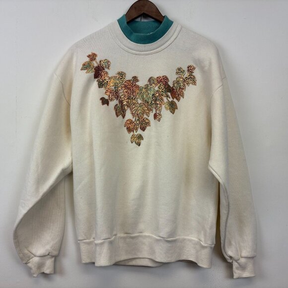 Vintage 90s Leaves Crewneck Sweatshirt Womens Size L Metallic Nature Made In USA - Picture 2 of 6